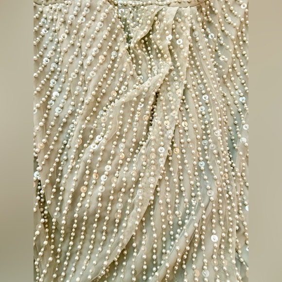 NWT $598 Mac Duggal Pearl Embellished Soft Tie One Shoulder Gown Mint Green Teal - Picture 13 of 14